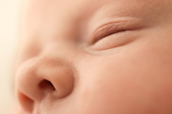 Extreme close-up of a sleeping newborn's nose and closed eye