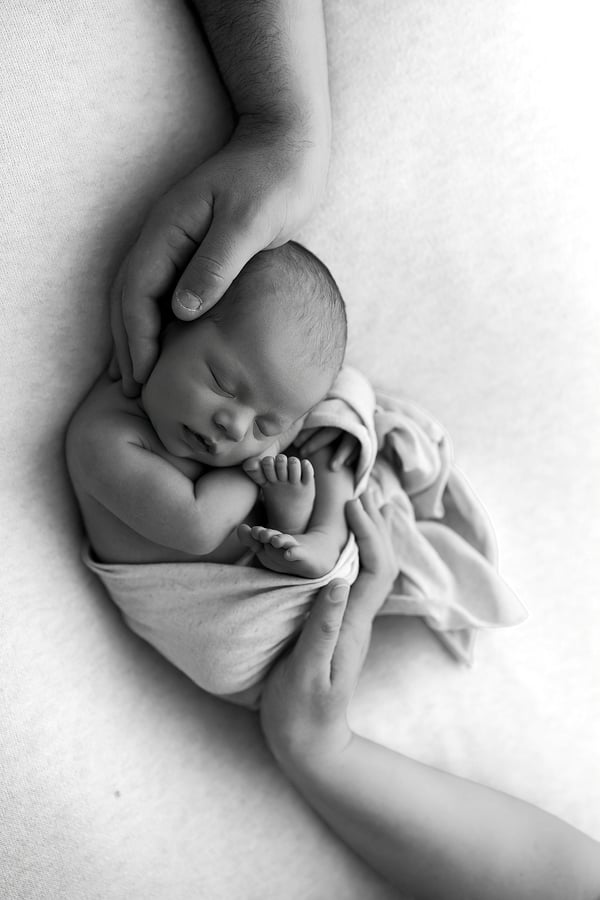 A swaddled newborn lying on white with a parent's hands resting around the head and body, in black and white